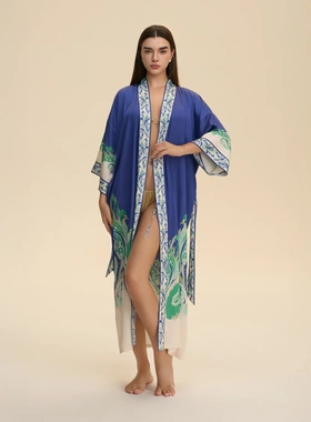 耀婷欧美跨境长袖睡衣女士长款宽松舒适和服睡袍印花家居服WP3982