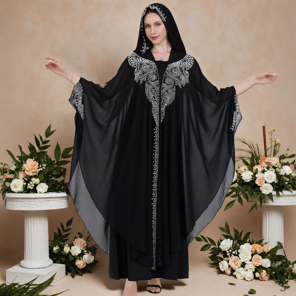 跨境烫钻钉珠非洲蝙蝠袖披肩连帽斗篷服abaya