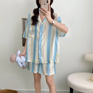 情侣家居服套装 天丝棉小王子蓝条纹ins风可爱韩版 夏薄款 短袖 短裤