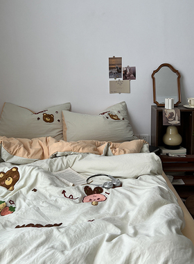 ins毛巾绣四件套床上用品被套被罩床单纯棉大学生宿舍三件套床笠4