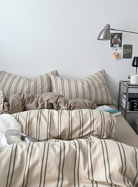 ins水洗棉四件套床上用品条纹被罩被单床笠单双大学生宿舍三件套4