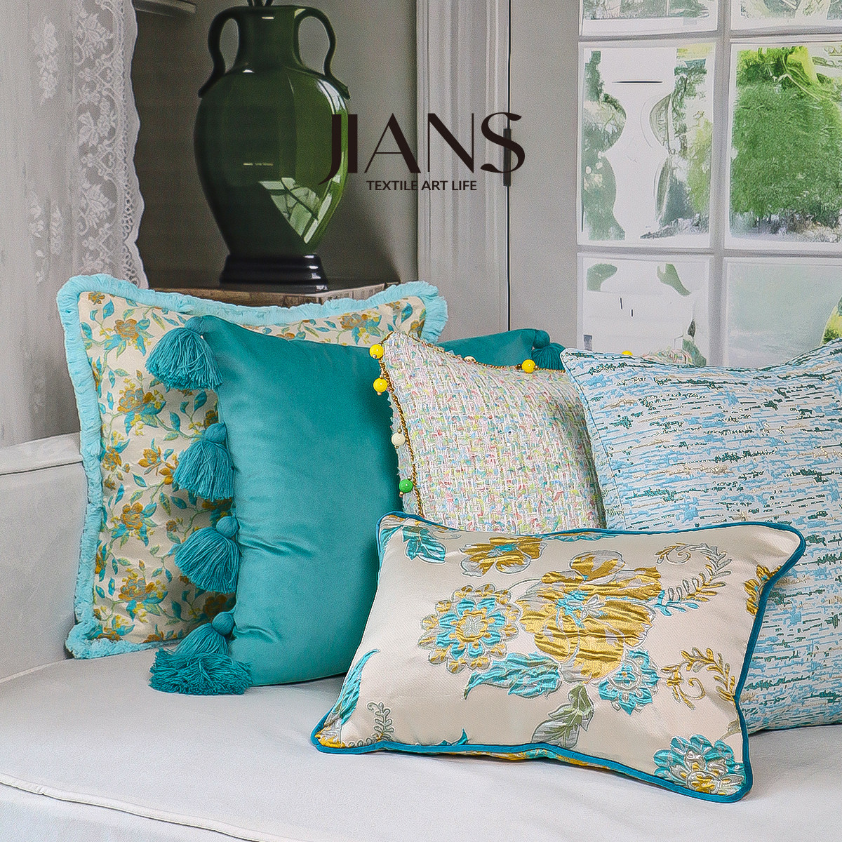 谧蓝法式蓝色抱枕轻奢绿色美式床上靠枕套沙发客厅高级靠垫可定制