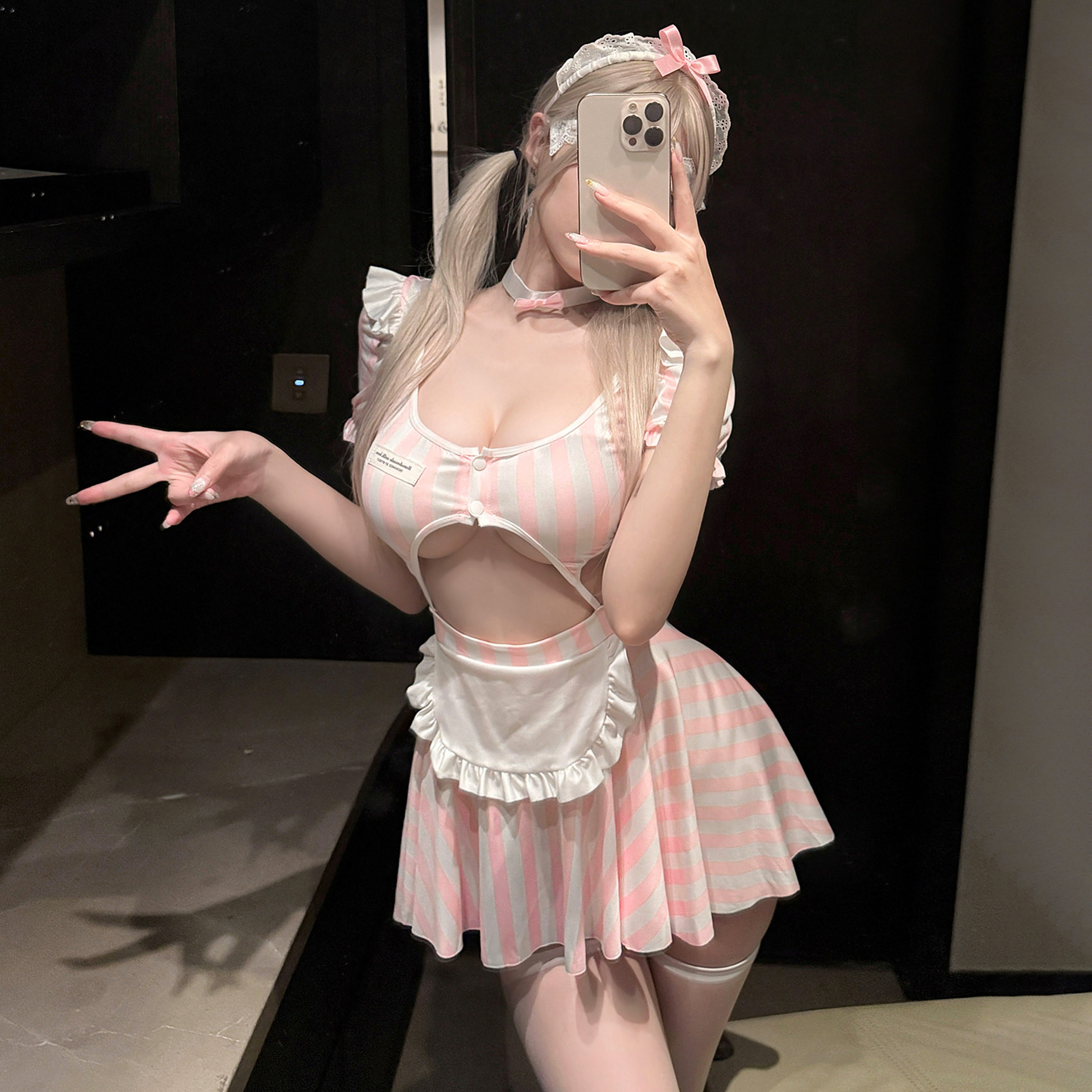 甜美风女仆套装制服条纹COS睡裙女蕾丝蝴蝶结成人禁欲系角色扮演