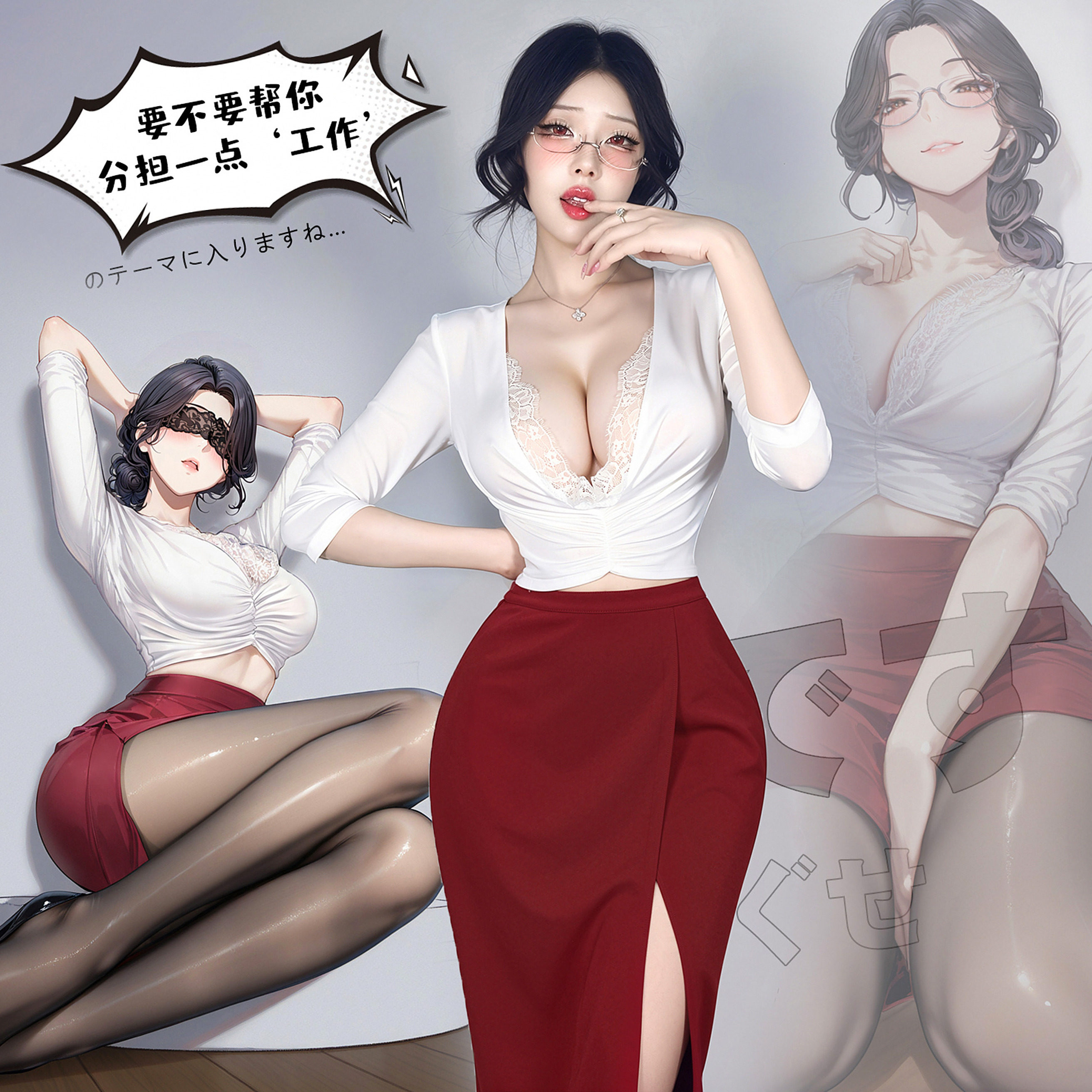 性感深V领低胸长袖包臀裙半熟女夏季显瘦红色睡裙OL秘书制服套装