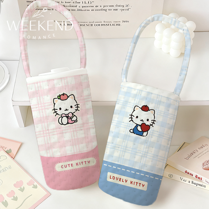 格纹小猫儿童保温杯杯套手提防烫便携饮料提袋日杂精致外出小拎包