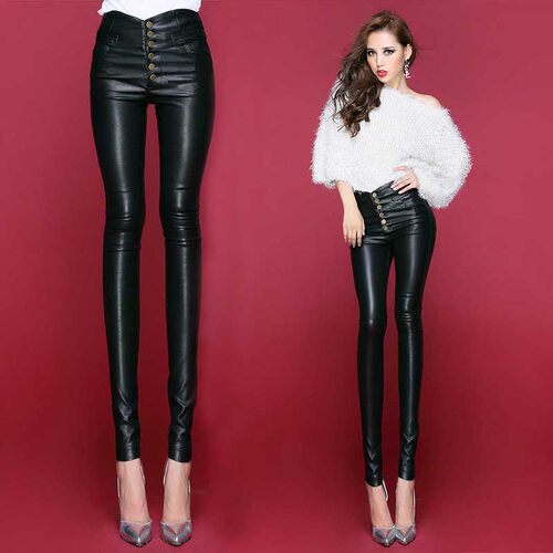 秋季高腰皮裤紧身性感小脚加绒
