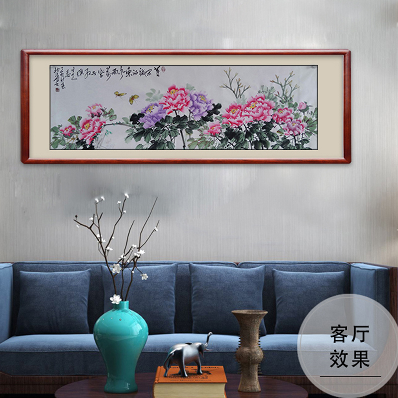 花开富贵牡丹图国画真迹纯手绘横客厅风水装饰字挂画花鸟卧室带框