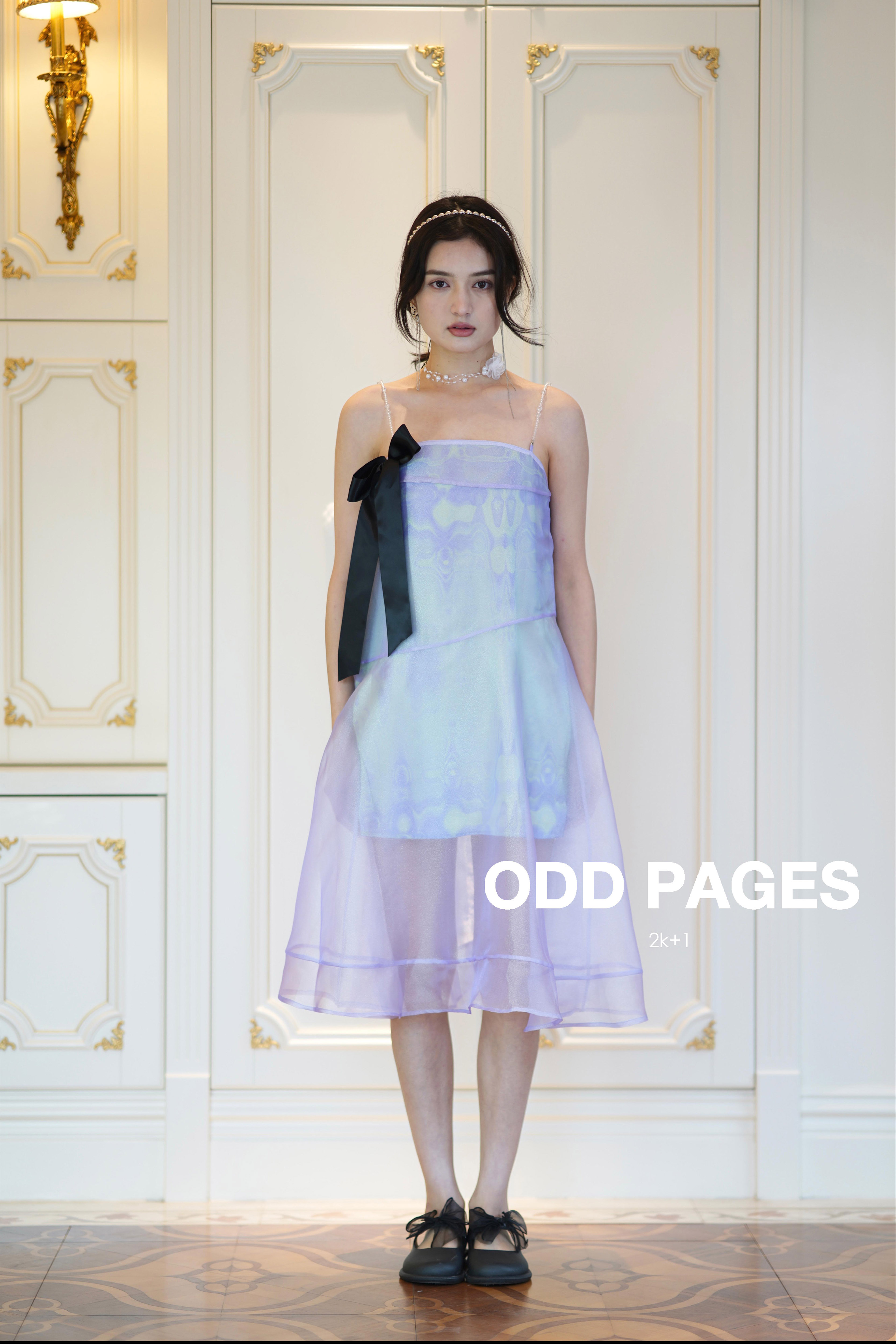 清仓！ODD PAGES 紫色欧根纱蝴蝶结透明珠吊带甜美少女感连衣裙