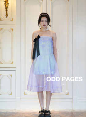 清仓！ODD PAGES 紫色欧根纱蝴蝶结透明珠吊带甜美少女感连衣裙