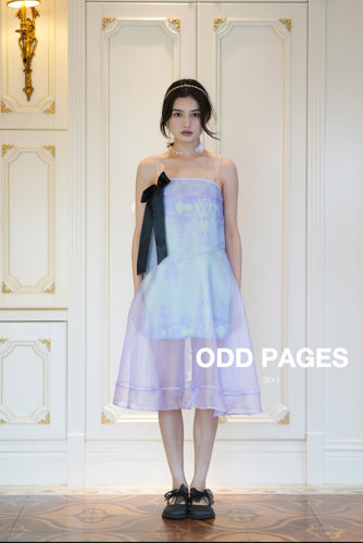 清仓！ODD PAGES 紫色欧根纱蝴蝶结透明珠吊带甜美少女感连衣裙