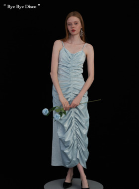 清仓！ODD PAGES蓝色亮丝绒法式前抽褶海边度假吊带高级感吊带裙