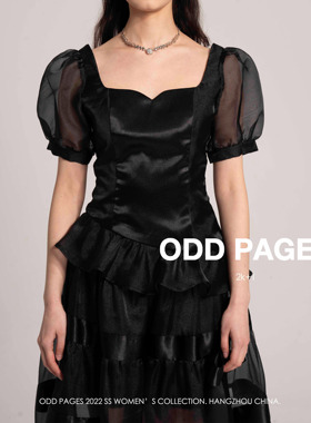 ODD PAGES春夏新款黑色欧根纱泡泡袖优雅显瘦荷叶边拼接醋酸上衣