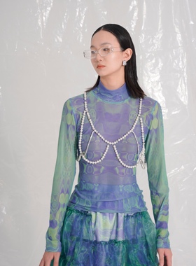 ODDPAGES设计师款紫色印花弹力网纱高领打底衫打底裤