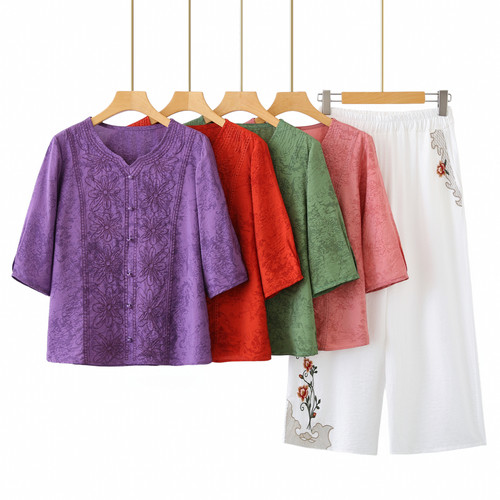 妈妈夏装套装2026新款民族风刺绣花中老年人女装老太太唐装两件套