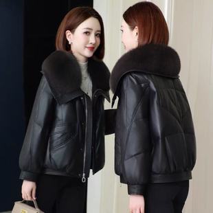 100%超大真狐狸毛领真皮羽绒服女短款海宁皮衣妈妈绵羊皮外套2025