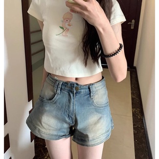 显瘦高腰a字裤 复古港风做旧牛仔短裤 辣妹百搭弹力修身 女夏季 新款