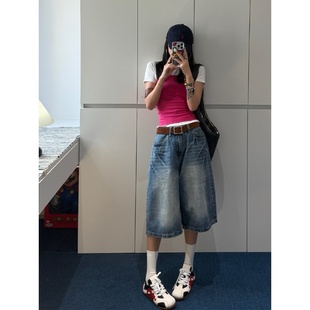 复古港风七分牛仔裤 女夏季 2025新款 甜酷辣妹百搭高腰显瘦阔腿中裤