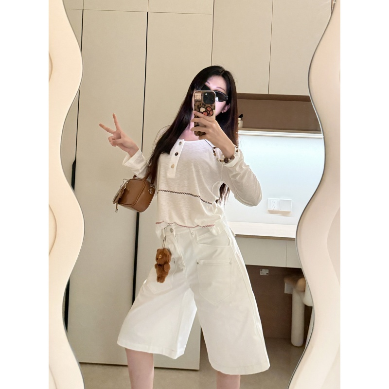 韩式穿搭白色牛仔中裤女夏季新款多口袋宽松显瘦高腰垂坠感七分裤