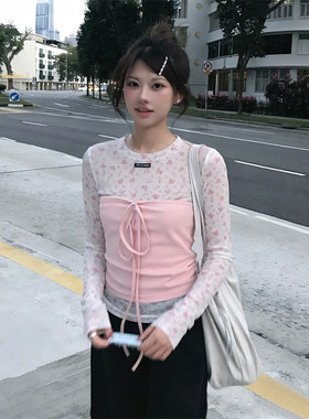 韩系碎花长袖t恤女早春真两件叠穿绑带抹胸背心修身短款打底上衣