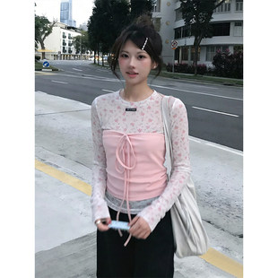 短款 打底上衣 t恤女早春真两件叠穿绑带抹胸背心修身 韩系碎花长袖