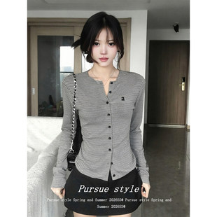 【简约高级】黑灰条纹薄款小开衫女春季显瘦长袖外套百搭休闲上衣