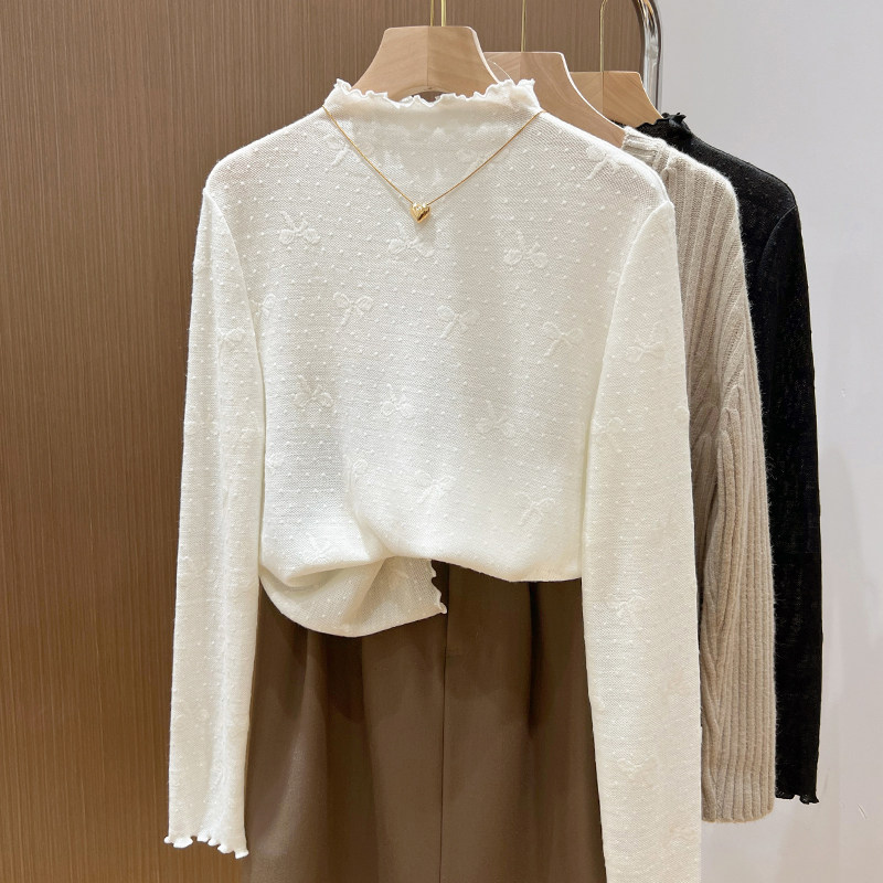 针织蕾丝半高领打底衫内搭木耳边