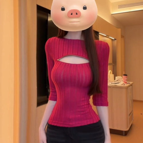 镂空修身中袖上衣显瘦针织打底衫