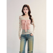 修身 真两件碎花绑带T恤女2026早春新款 长袖 显瘦温柔甜美设计上衣