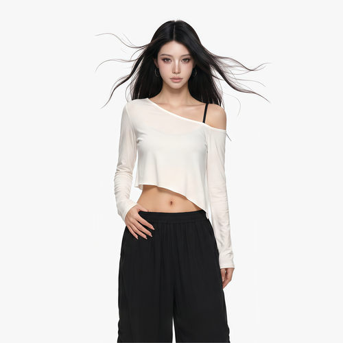 时尚简约风斜肩长袖T恤女2026夏季新款休闲百搭基础款辣妹风上衣