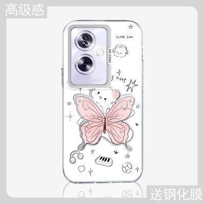 适用oppoa2pro手机壳oppo镂空蝴蝶猫a58彩银a16新款a32卡通a7 ins风a97女a5高级k11防摔a72保护套a96磨砂软边