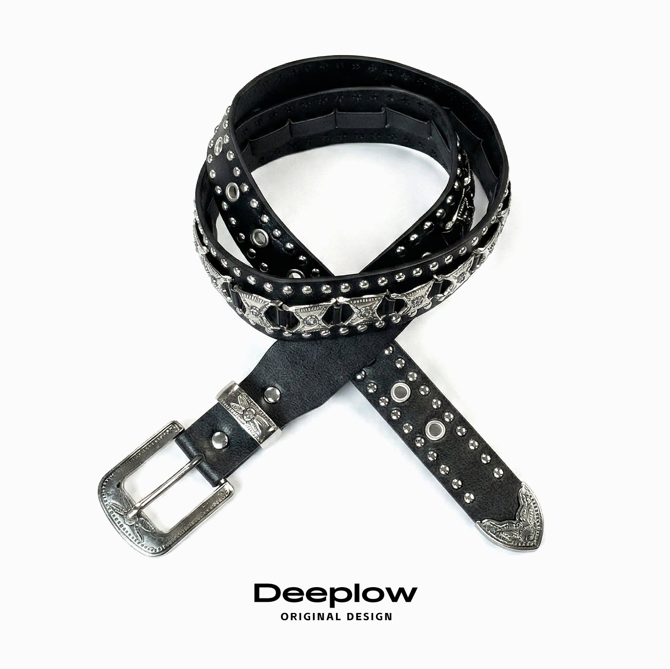 Deeplow复古铆钉牛皮腰带