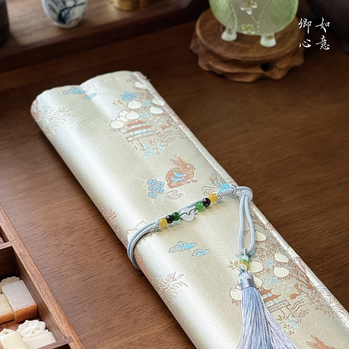 如意卿心织锦毛笔书法笔帘便携书法毛笔竹笔帘笔袋毛笔收纳袋