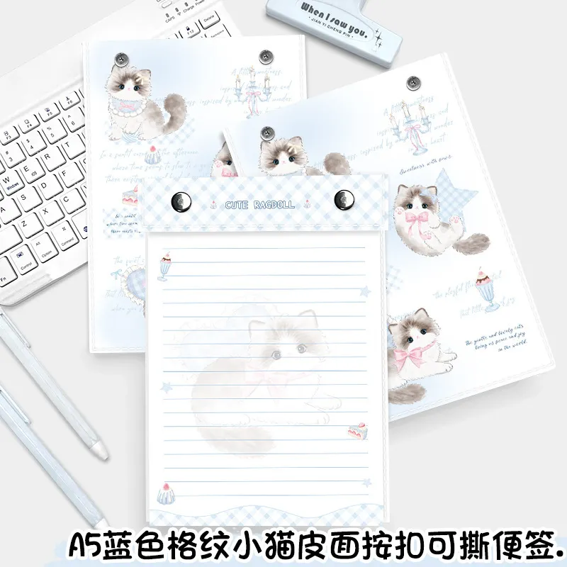 a5皮面按扣便签本蓝色格纹小猫卡通板夹记事本子可撕可换芯笔记本