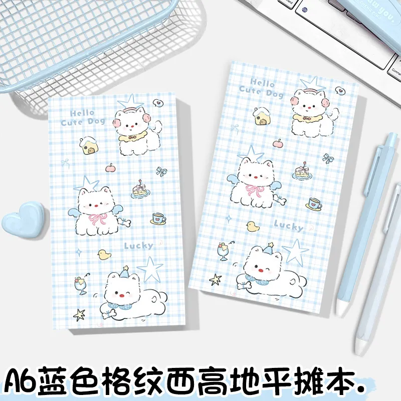 a6平摊本蓝色格纹西高地日韩卡通手账本随身记事本可撕彩页笔记本