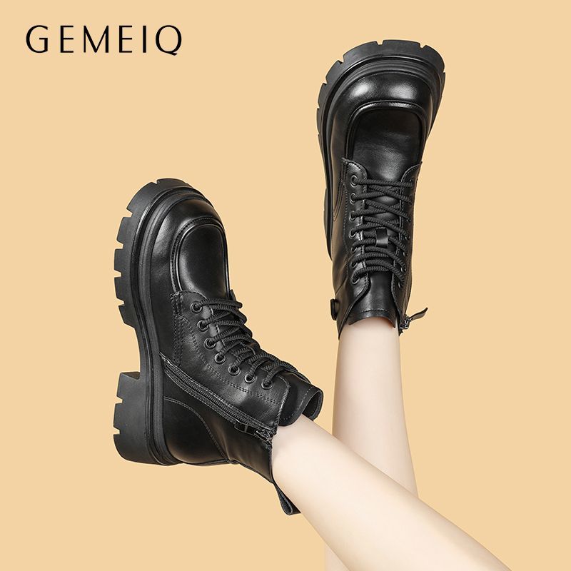戈美其厚底圆头马丁靴女复古新款秋冬短筒英伦靴子增高短靴加绒