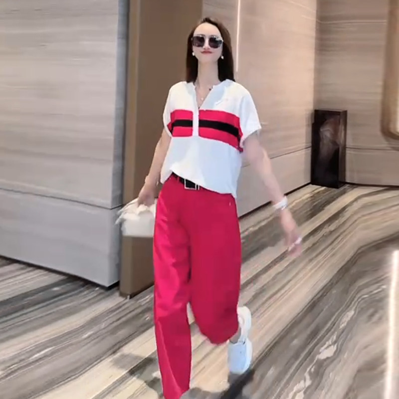 两件套感撞色时尚欧货设计短袖休闲女裤哈伦气质运动套装夏季洋气