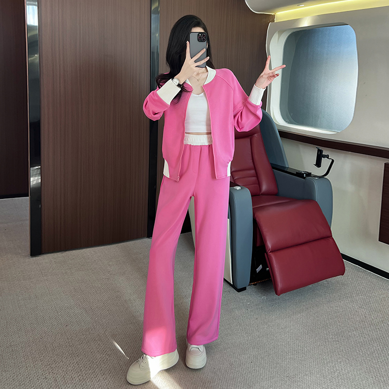减龄洋气休闲运动套装女2025秋季炸街玫红色外套上衣阔腿裤两件套