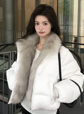 学院拼接短款羽绒棉服女仿狐狸毛领宽松加厚小个子韩版面包服外套