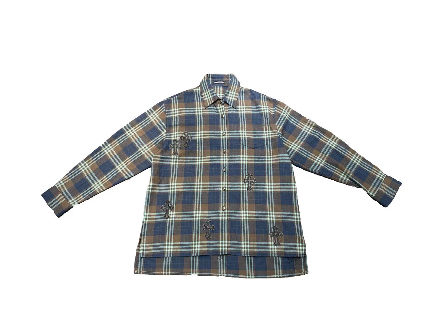 特价BEIBEI北北 2十字架十字花贴皮格子银扣绿色潮流情侣衬衣衬衫