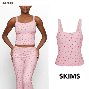 正品现货SKIMS卡戴珊同款情人节Life粉红碎花吊带蕾丝背心上衣