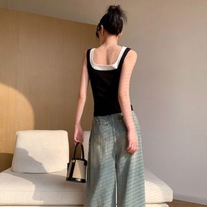 夏季法式复古黑白假两件方领露背针织吊带背心女无袖上衣2024新款