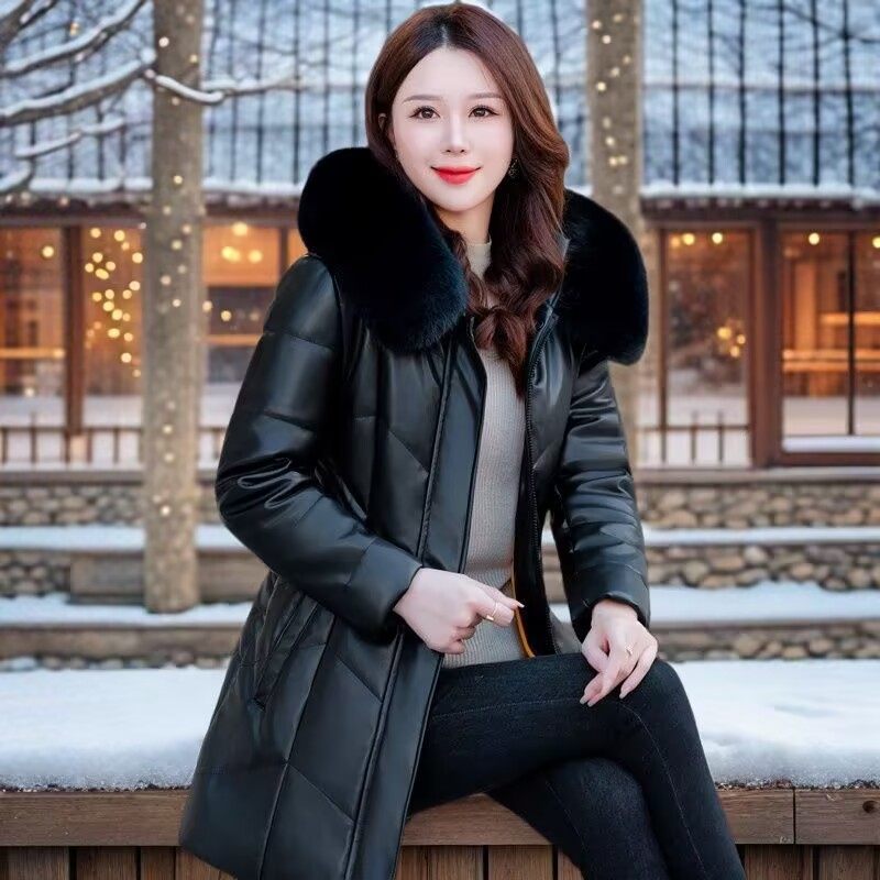 冬季加绒皮衣女中长款妈妈装皮棉服加厚棉衣中年真皮海宁皮衣外套
