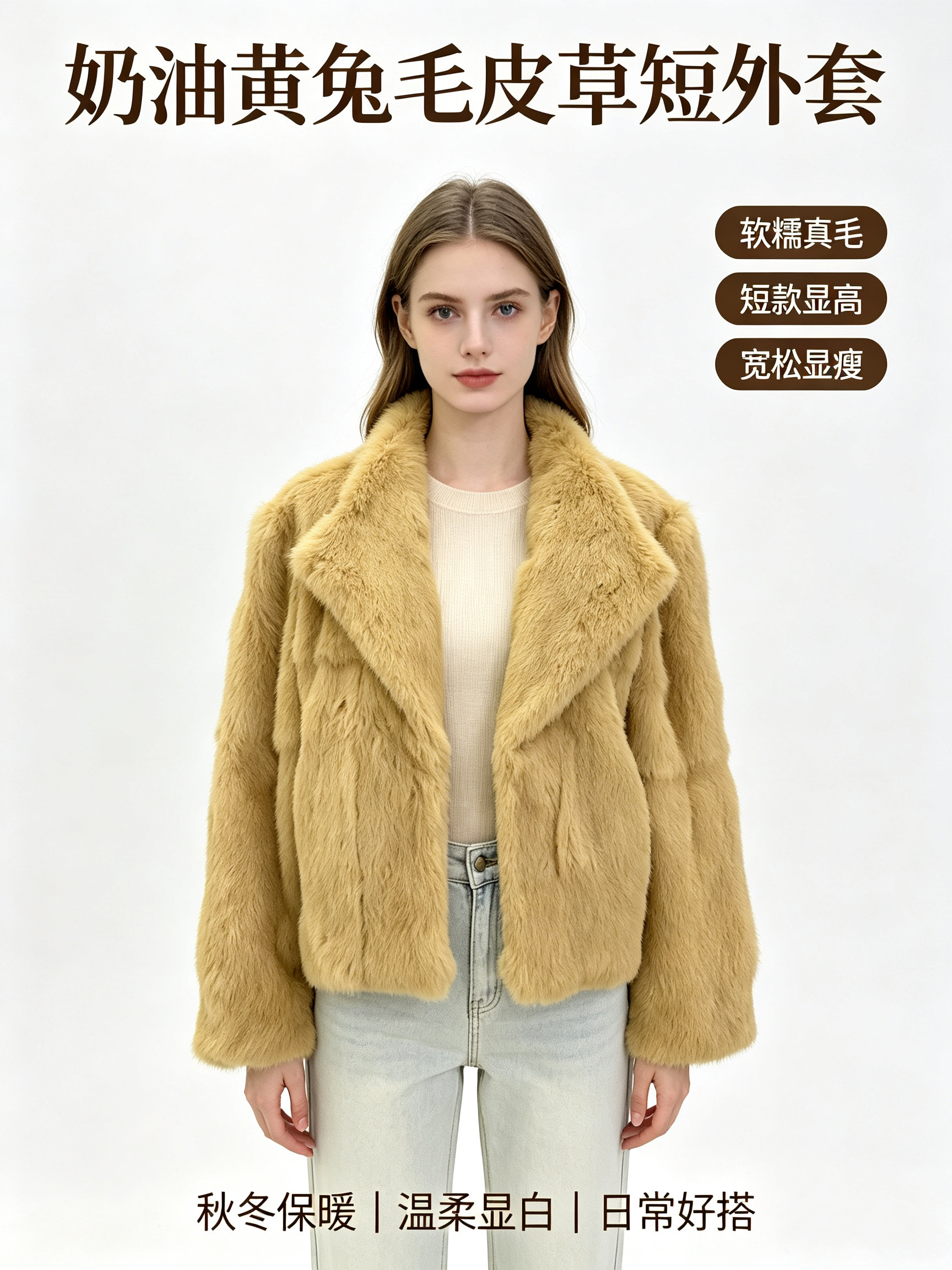 新款兔毛皮草外套大翻领皮毛一体女短款年轻时尚百搭显瘦毛毛大衣