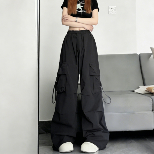 女高腰显瘦宽松阔腿裤 300斤大码 休闲裤 胖mm黑色多口袋工装 潮 女装