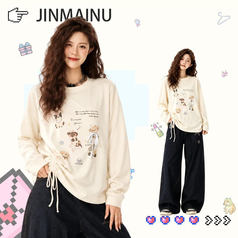 特大码女装胖mm韩系可爱卡通印花长袖T恤女秋季遮肉显瘦圆领上衣