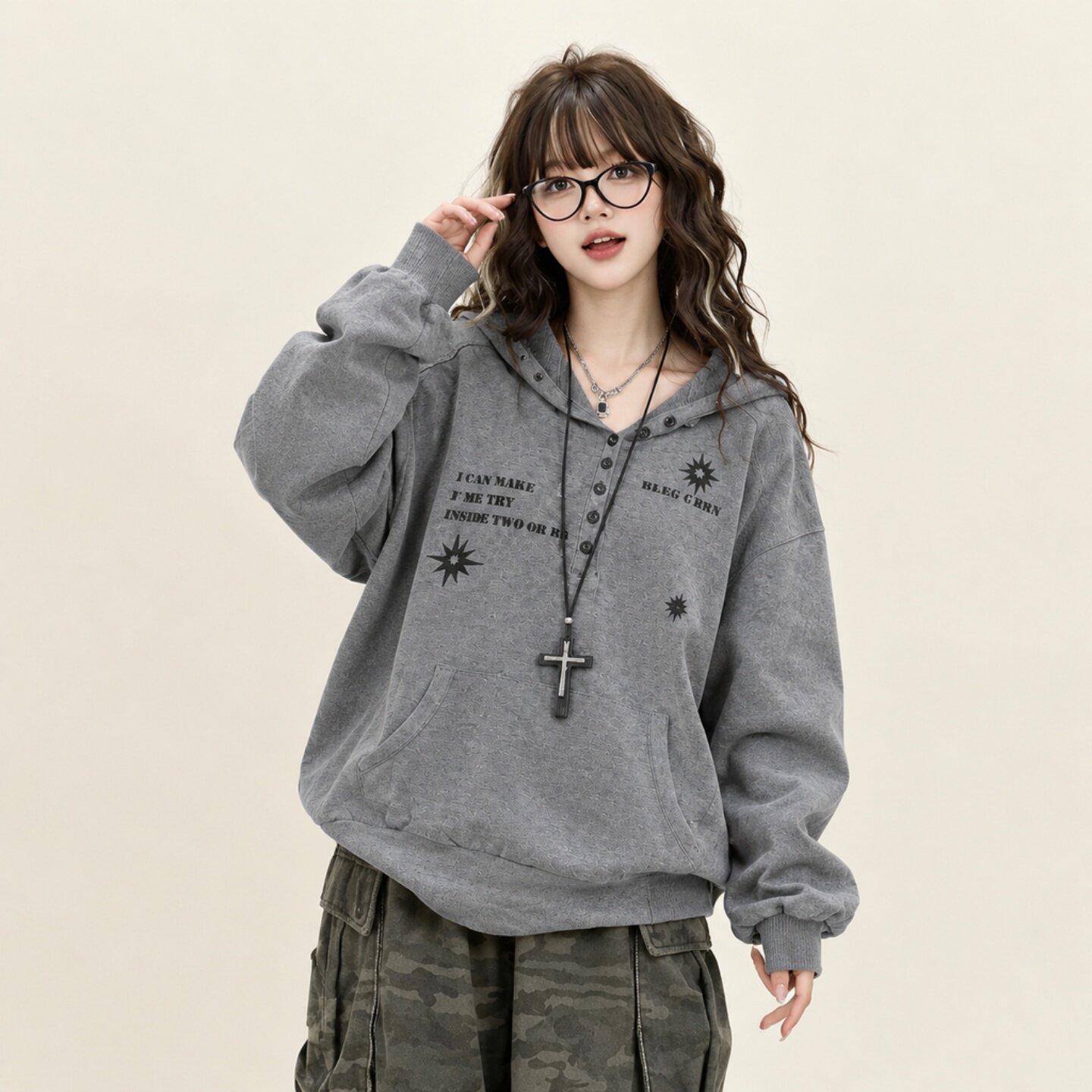 大码女装复古印花设计感连帽卫衣女秋季胖mm宽松显瘦长袖休闲外套