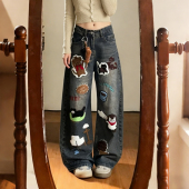 女装 阔腿长裤 胖mm美式 女高腰显瘦新款 潮 复古卡通刺绣牛仔裤 特大码