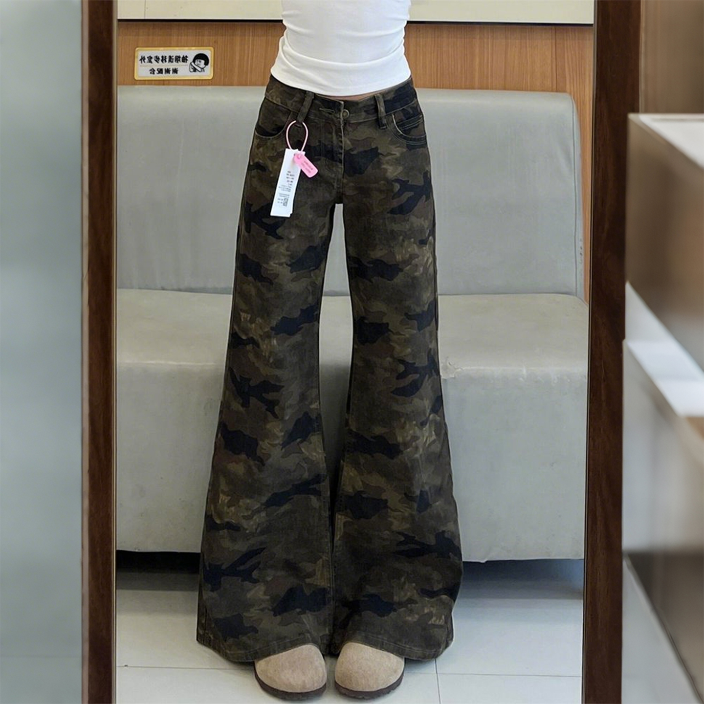 大码美式迷彩微喇牛仔裤女