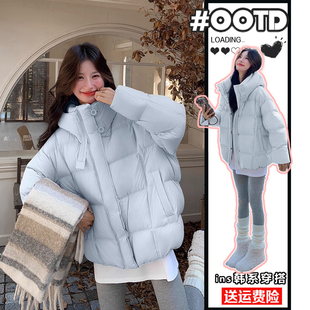 时尚 胖mm韩版 百搭连帽棉服女学院风加厚保暖减龄棉袄外套 女装 大码