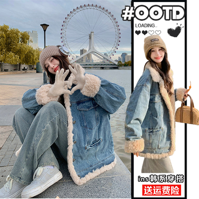 胖mm大码加厚羊羔毛牛仔棉衣外套